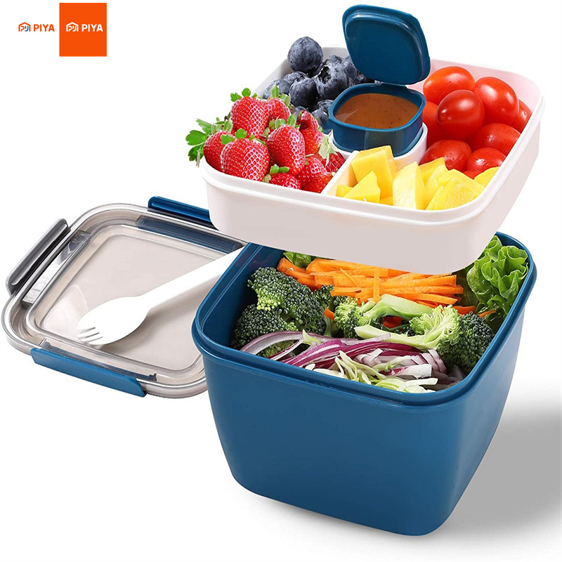 Food Storage With Compartments - ภาชนะใส่อาหารกลางวันสลัดแบบพกพา ชามสลัด 2 ช่องพร้อมกล่องเบนโตะขนาดใหญ่ ชามสลัด กล่องอาหารกลางวัน