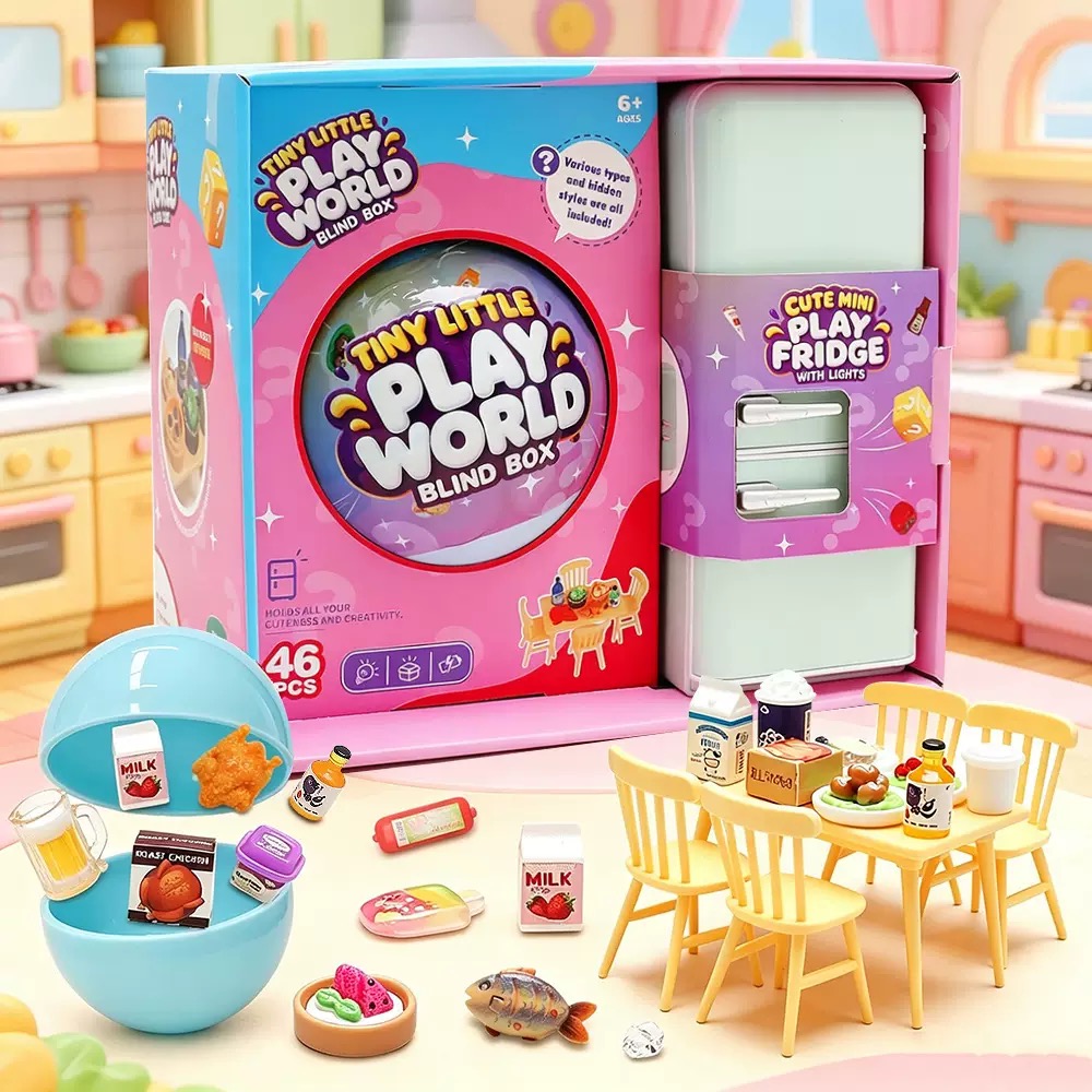 Food Storage On Table - ชุดของเล่นตู้เย็นมินิ 4 สีแบบสุ่ม | โมเดลอาหารจิ๋วแบบสุ่ม, ชุดโต๊ะเก้าอี้จิ๋วสำหรับเล่นบทบาทสมมติ,