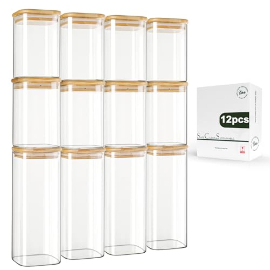 Food Storage Glass Containers - ชุดโหลแก้วทรงสี่เหลี่ยมพร้อมฝาไม้ไผ่ 12 ชิ้น ขนาด 0.6Qt/1.06Qt -