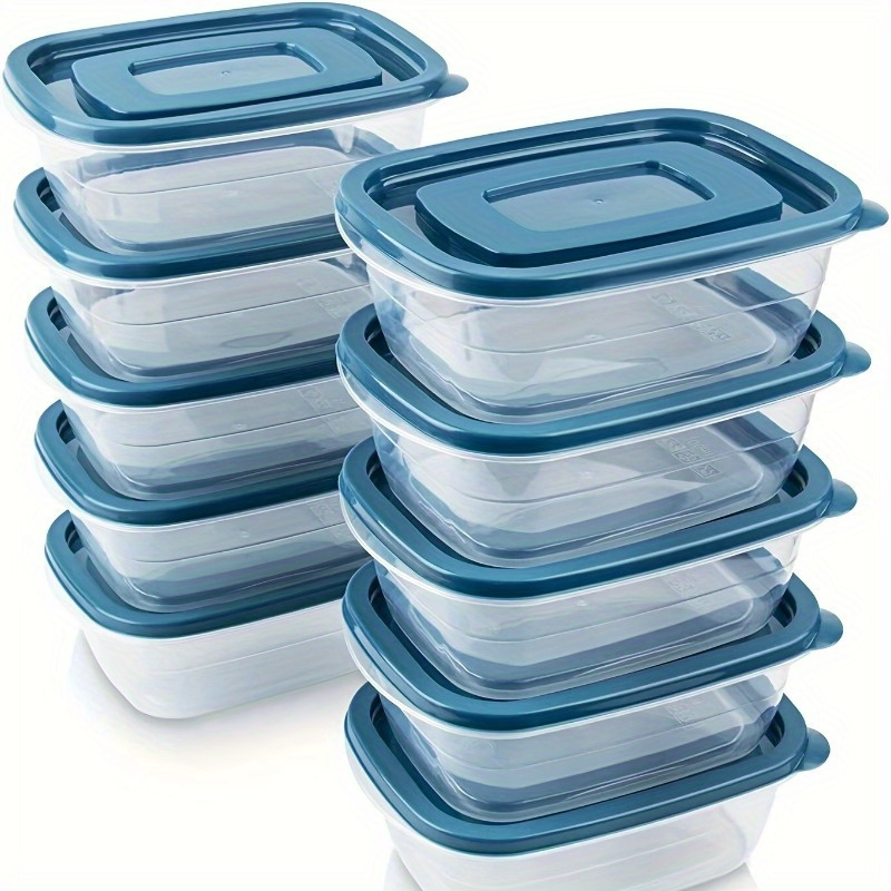 Food Storage Containers Set - ชุดภาชนะเก็บอาหารพลาสติกใสแบบซ้อนได้ 6 ชิ้น พร้อมฝาสีน้ำเงินและเครื่องหมายบอกปริมาณ—นำกลับมาใช้ใหม่ได้ ใช้กับเครื่องล้างจานได้