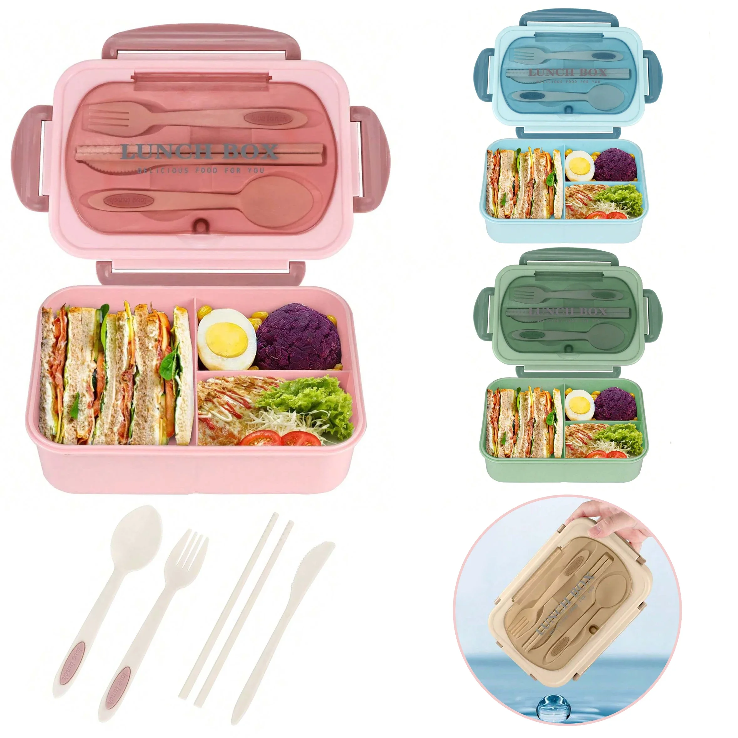 Food Storage With Compartments - กล่องเบนโตะสำหรับผู้ใหญ่ 3 ช่อง กล่องใส่อาหารกลางวันสำหรับผู้ชาย ผู้หญิง พกพาสะดวก