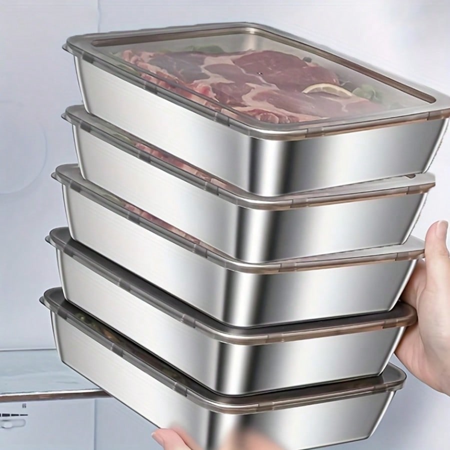 Food Storage Containers Xl - ชุดภาชนะเก็บอาหารสแตนเลส 5 ชิ้น พร้อมฝาปิดใส | กล่องเก็บของทรงสี่เหลี่ยมขนาดใหญ่สำหรับเก็บเนื้อสัตว์