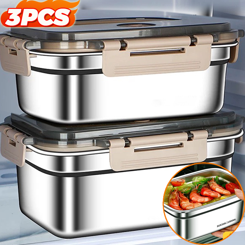 Food Storage Large - กล่องเบนโตะความจุขนาดใหญ่ กล่องอาหารกลางวันสแตนเลสพร้อมฝาปิด เหมาะสำหรับไมโครเวฟ ตู้เย็น กล่องเก็บอาหารป้องกันการรั่วซึม