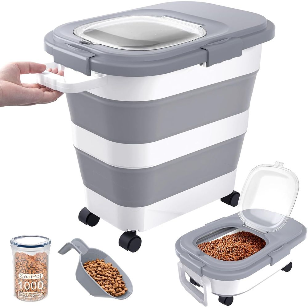 Food Storage Large - ภาชนะเก็บอาหารสุนัขแบบปิดสนิท, ภาชนะเก็บอาหารสัตว์เลี้ยงขนาดใหญ่แบบพับได้พร้อมฝาปิด, ล้อ, ที่จับ, ที่ตัก, ภาชนะเก็บอาหารแมวขนาดเล็ก