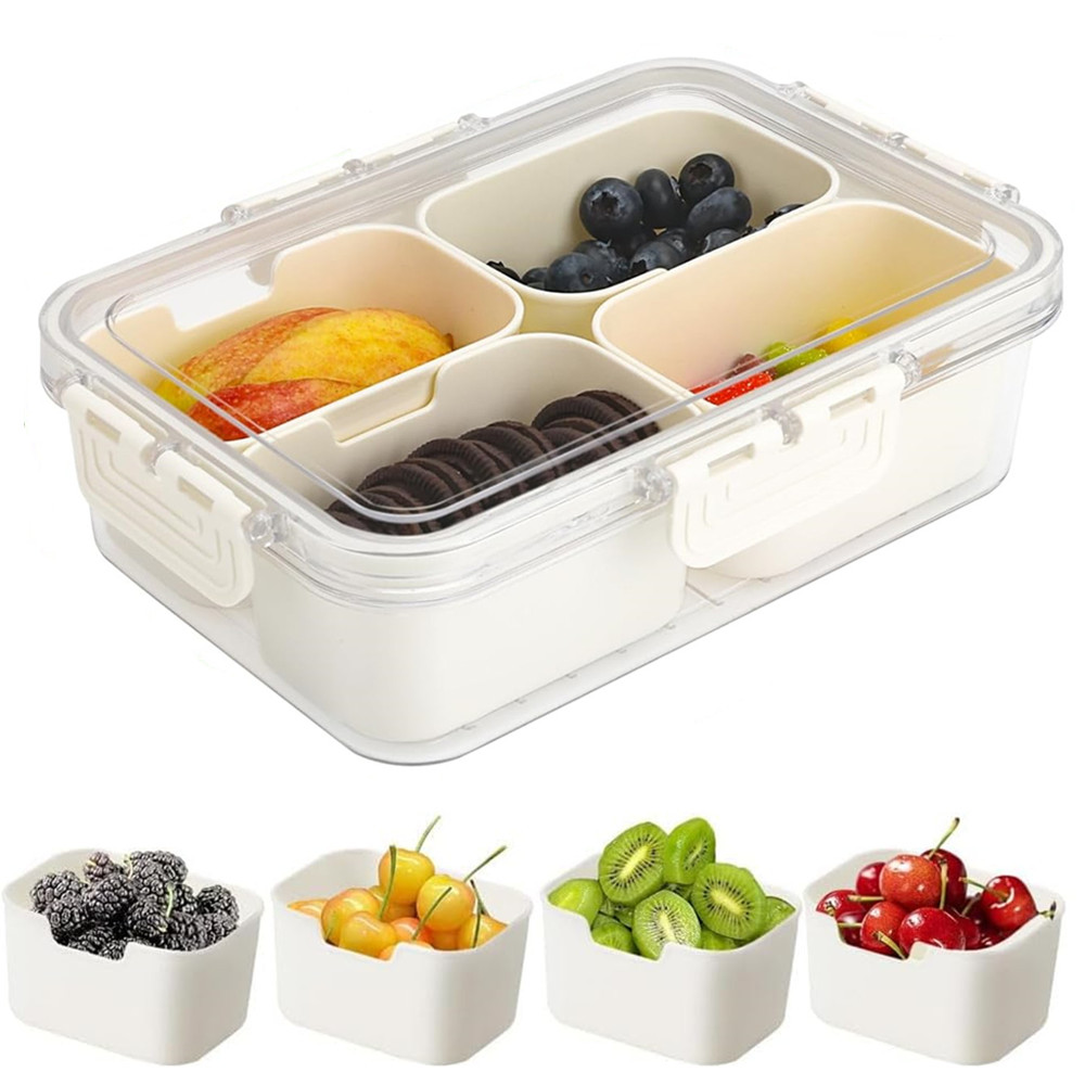 Food Storage With Compartments - กล่องเก็บอาหารแบบพกพา, กล่องเก็บขนม, 4 ช่องพร้อมฝาปิด, ถาดแยกสำหรับเสิร์ฟ, กล่องขนมสำหรับครัว,