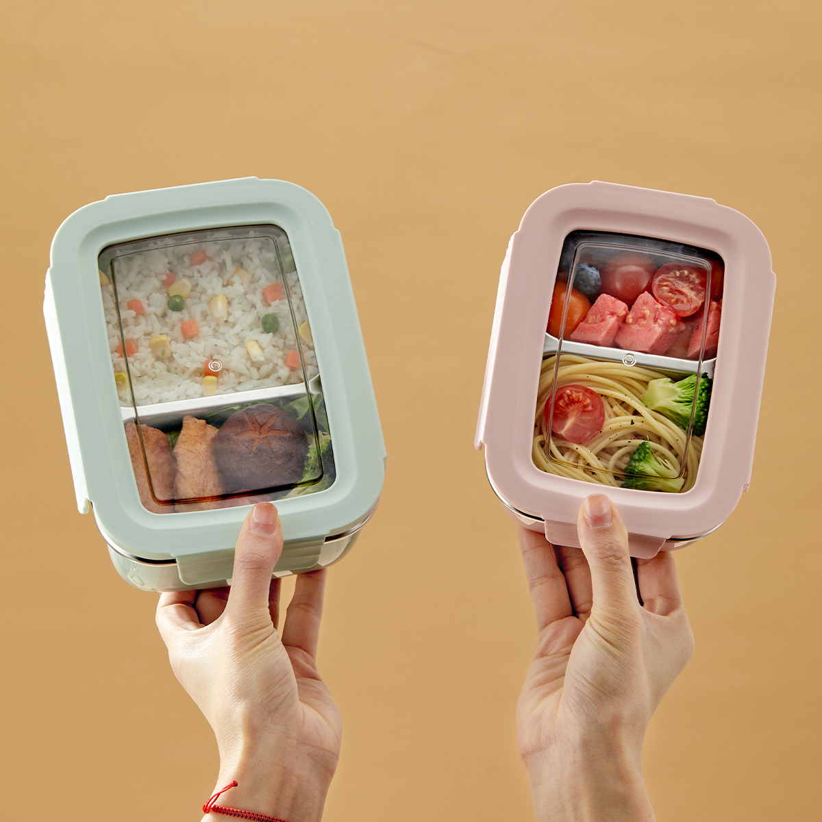 Food Storage With Compartments - กล่องข้าวสแตนเลส 304 สำหรับไมโครเวฟ แบบแบ่งช่อง ซ้อนกันได้ ป้องกันการรั่วซึม