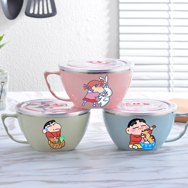 Food Storage On Table - ชามบะหมี่เครยอน ชินจัง ชามสแตนเลสความจุขนาดใหญ่ ป้องกันความร้อนสองชั้น ภาชนะเก็บอาหารสำเร็จรูป ใหม่
