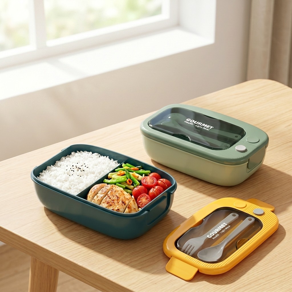 Food Storage With Compartments - กล่องเบนโตพลาสติกสำหรับไมโครเวฟ 2 ช่อง ป้องกันการรั่วซึม พร้อมช้อนส้อม กล่องใส่อาหารสำหรับเตรียมอาหาร