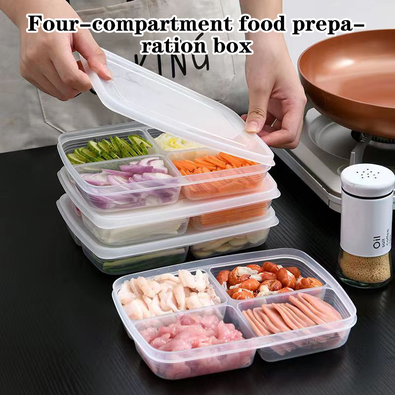 Food Storage With Compartments - ใหม่【กล่องเก็บของพลาสติก 4 ช่อง กล่องจัดระเบียบตู้เย็นแบบพกพา กล่องใส่อาหารผลไม้แบบแยกส่วน】
