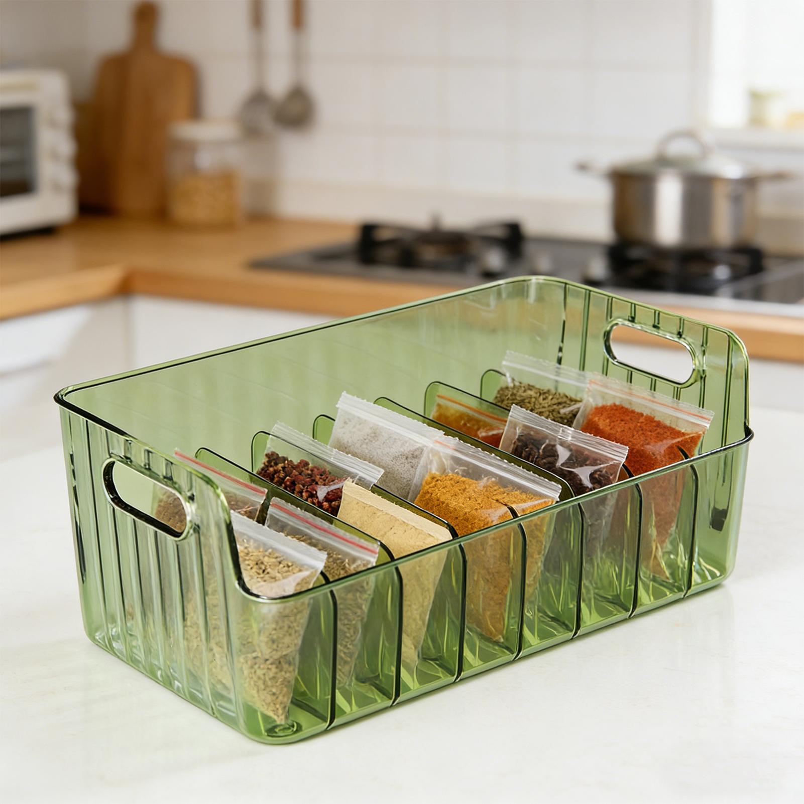 Food Storage Dividers - ชั้นวางเครื่องเทศแบบใส กล่องเก็บเครื่องสำอางและอาหารแบบแบ่งช่อง ชั้นวางเครื่องเทศบนเคาน์เตอร์ ตู้เก็บของในครัว ตู้จัดระเบียบในครัว ความจุขนาดใหญ่