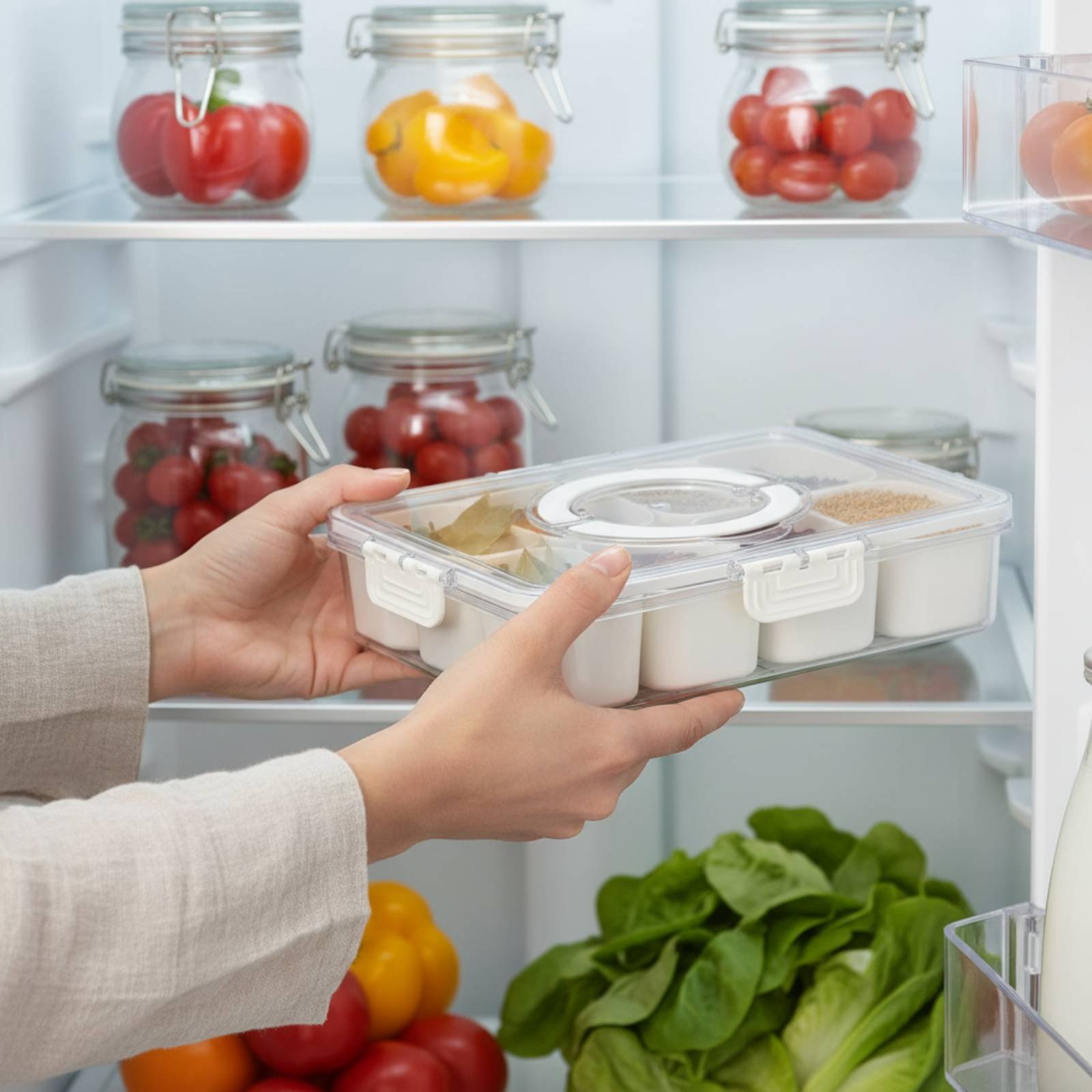 Food Storage Dividers - กล่องเก็บอาหารในตู้เย็น ดีไซน์ระบายน้ำได้ พร้อมตัวแบ่งช่อง กล่องเก็บอาหารแบบแยกส่วน ป้องกันการรั่วซึม