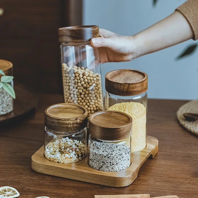 Food Storage Jar Glass - กล่องเก็บอาหารแบบฝาปิดทำจากแก้วแบบสุญญากาศขวดโหลที่เก็บเครื่องครัวกล่องไม้เก็บอาหารที่ปิดสนิทพร้อมชุดฐาน
