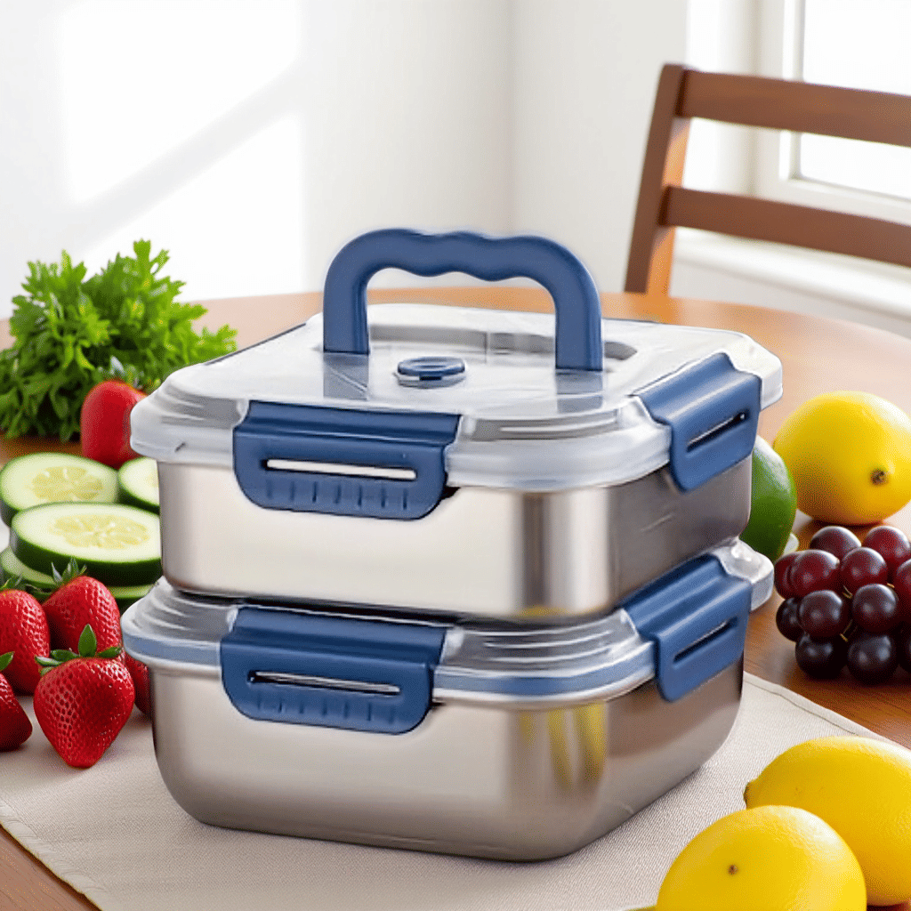 Food Storage Containers Xl - ภาชนะเก็บอาหารสแตนเลสขนาดใหญ่พิเศษยามิโตะ 2 ชิ้นพร้อมฝาสีน้ำเงิน - ดีไซน์ทรงลึก, ปิดผนึกแน่นสนิท,
