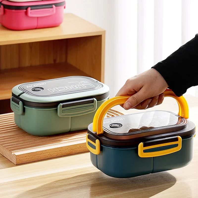 Food Storage With Compartments - กล่องข้าวสองชั้นแบบร้อน พร้อมช่องใส่ผลไม้ อาหาร ใช้กับไมโครเวฟได้ พร้อมส้อมและช้อน กล่องปิกนิกเก็บความสด