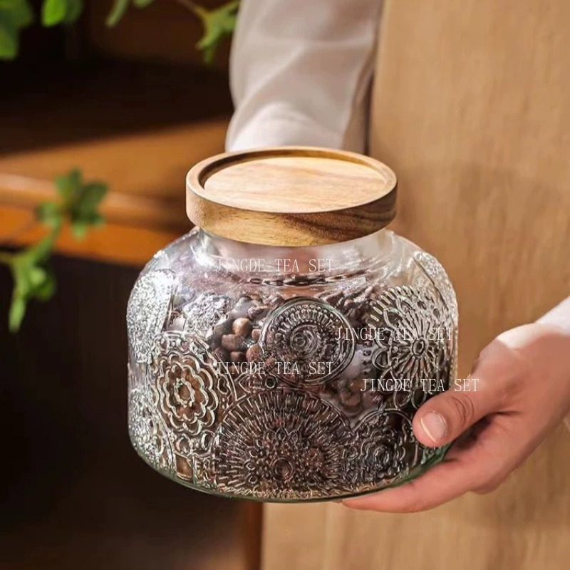 Food Storage Jar Glass - โหลแก้วลายนูนพร้อมฝาไม้ กระปุกเก็บของสุญญากาศสไตล์วินเทจสำหรับเก็บชา ถั่ว ผลไม้อบแห้ง ภาชนะใส่อาหารในครัว กล่องเก็บชา