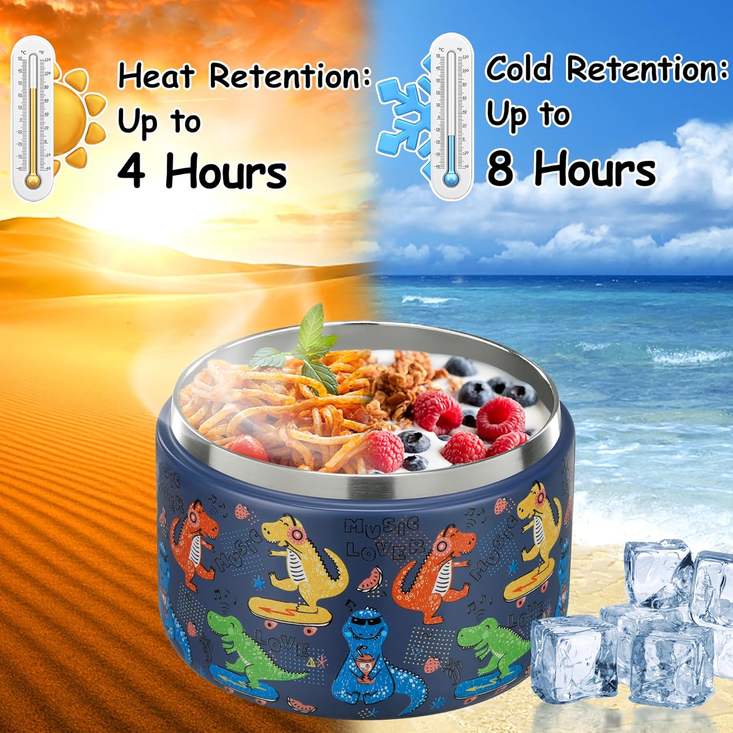 Food Storage Box Stainless Steel - กระติกอาหารสุญญากาศขนาด 12 ออนซ์ พร้อมฝาปิดแบบหัวเข็มขัด ปากกว้าง สำหรับใส่ซุปและอาหารร้อน