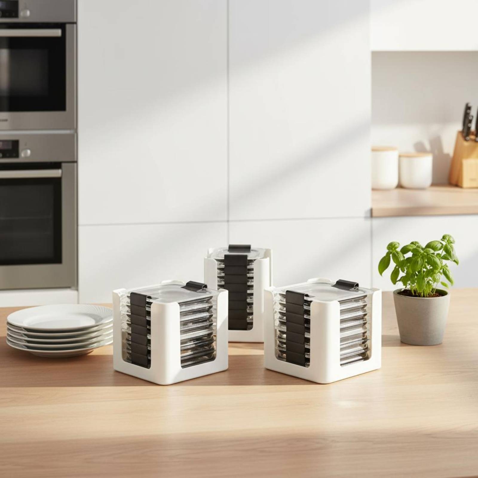 Food Storage Plastic Containers With Lids - ชั้นวางฝาปิดภาชนะ 3 ชิ้น สำหรับจัดเก็บฝาภาชนะทรงสี่เหลี่ยมผืนผ้า ช่องเปิดทรงกลม-สี่เหลี่ยม ปลอดสาร