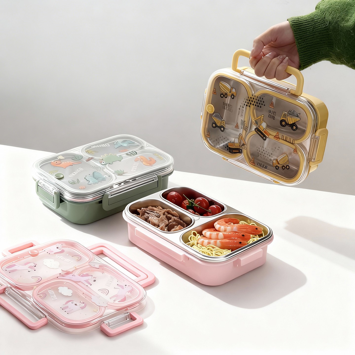 Food Storage Dividers - กล่องอาหารกลางวันเด็กขนาดใหญ่ลายการ์ตูน พร้อมหูหิ้ว พกพาสะดวก ป้องกันการรั่วซึม ผลิตจากสแตนเลส 304