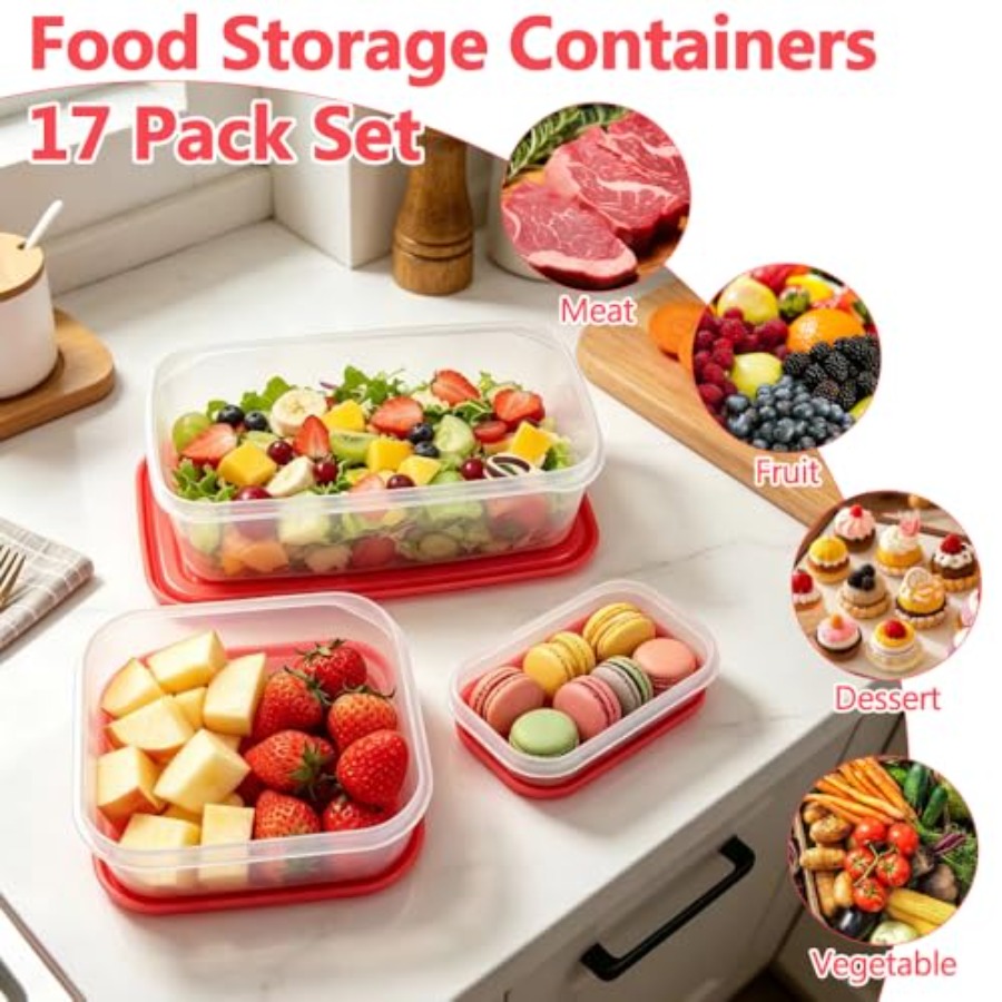 ชุดภาชนะเก็บอาหารพลาสติก 17 ชิ - Food Storage Containers Set บทวิจารณ์และราคา