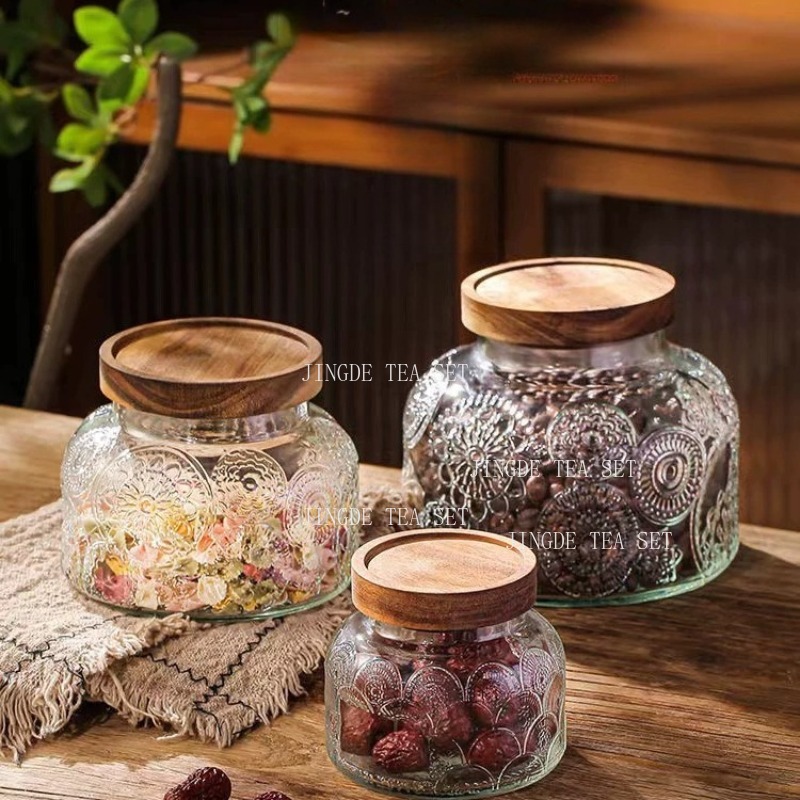 โหลแก้วลายนูนพร้อมฝาไม้ กระปุก - Food Storage Jar Glass บทวิจารณ์และราคา