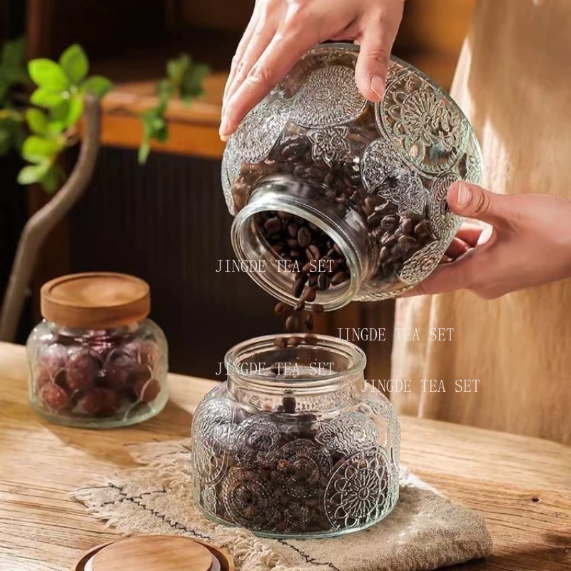 โหลแก้วลายนูนพร้อมฝาไม้ กระปุก - Food Storage Jar Glass บทวิจารณ์และราคา