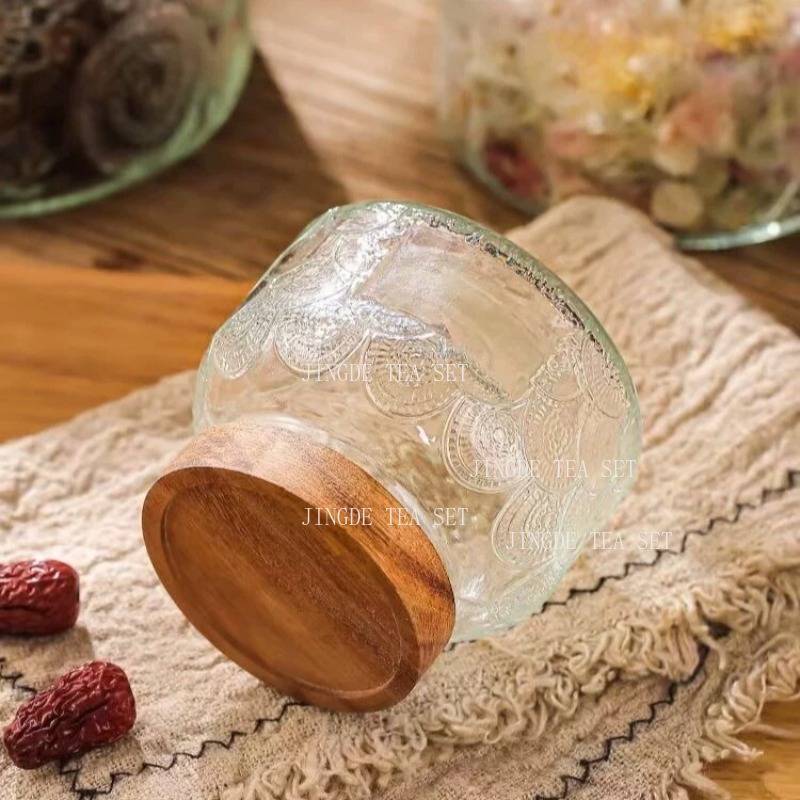 โหลแก้วลายนูนพร้อมฝาไม้ กระปุก - Food Storage Jar Glass บทวิจารณ์และราคา